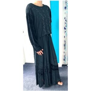 Vintage Black Beaded Top & Maxi Skirt Set w/ Velvet Sleeves & Jacquard Panel